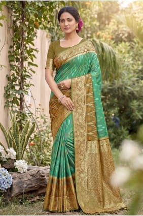 Embroidered Saree in Rama green Silk SR29948