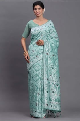 Weaving Linen Saree in Sea green SR29008