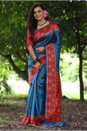 Printed Tussar silk Saree in Teal SR29299