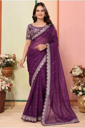 Refined Organza Embroidered Wine Saree with Blouse SR28686