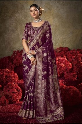 Wine Embroidered Silk Saree SR29505