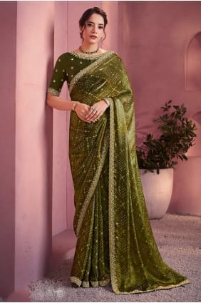 Green Saree in Satin with Embroidered,printed SR29057