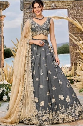 Embroidered Lehenga Choli in Grey Satin LC8727
