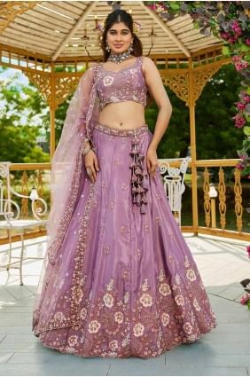 Satin Lehenga Choli in Purple with Embroidered LC8484