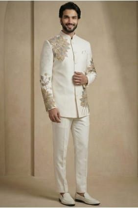 Satin Men Kurta Pajama With Waistcoat with Embroidered in White KURR242