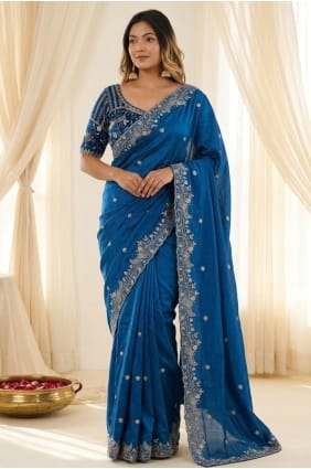 Teal blue Embroidered Party Wear Saree in Satin SR30104