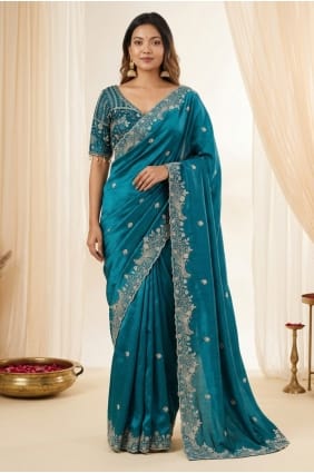 Teal Party Wear Saree in Embroidered Satin SR30109