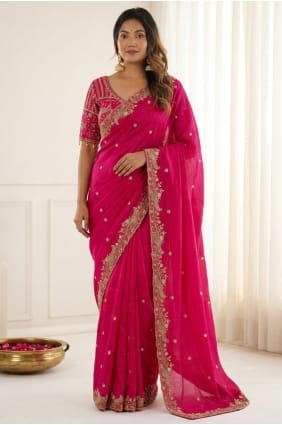 Pink Embroidered Satin Party Wear Saree SR30107