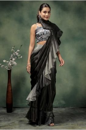 Beautiful Grey Saree in Printed Satin SR28729