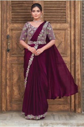 Satin Saree in Wine with Sequins SR28313