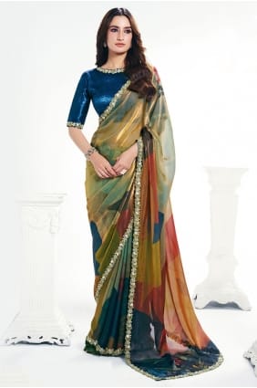Embroidered Saree in Green Satin SR28945