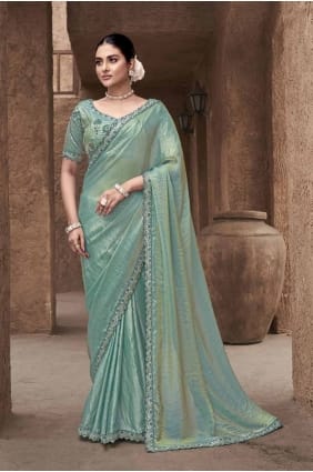 Satin Saree with Embroidered in Sea green SR28050