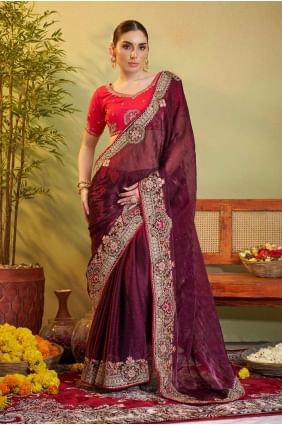 Satin Saree with Embroidered in Wine SR28241
