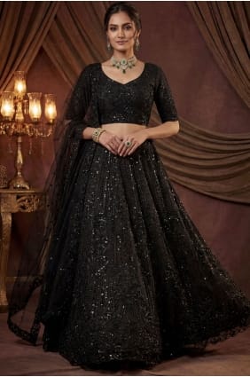 Satin Lehenga Choli in Black with Sequins LC8942