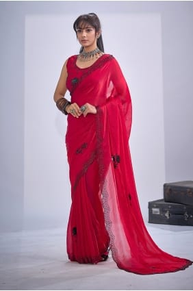 Red Saree with Stone,sequins Satin SR30015