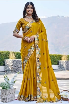Satin Saree in Yellow with Sequins,thread SR29625
