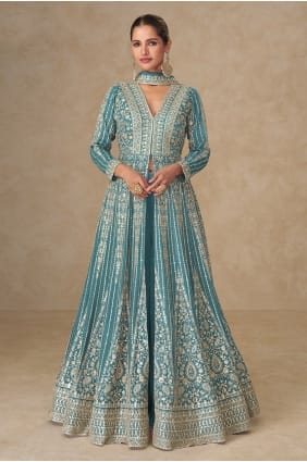 Embroidered Anarkali Suit in Sea green Chinon chiffon AS4360