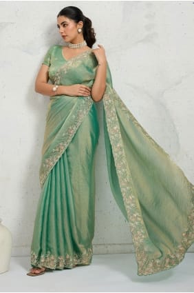 Zari,sequins Chiffon Sea green Saree with Blouse SR29718
