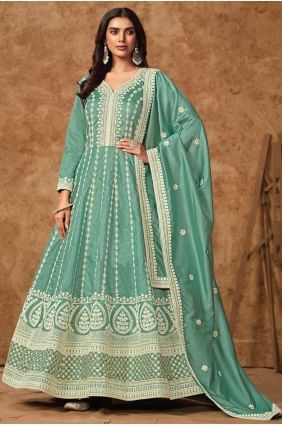 Sea green Embroidered Silk Eid Anarkali Suit AS4040