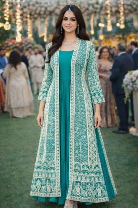 Embroidered Chinon chiffon Gown Dress in Sea green GW1259