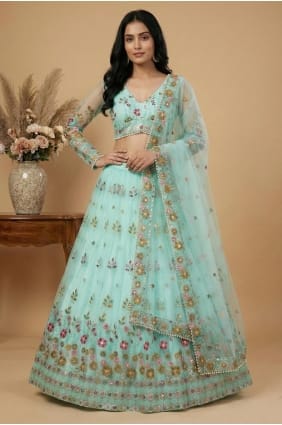 Thread Lehenga Choli in Sea green Soft net LC8970