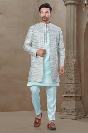 Sea green Men Kurta Pajama With Waistcoat with Printed Silk KURR514