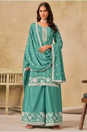 Embroidered Chinon chiffon Palazzo Suit in Sea green with Dupatta PZ4217