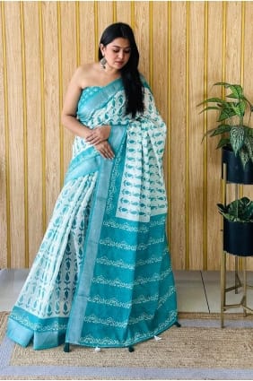 Sea green Printed Saree in Cotton SR28102