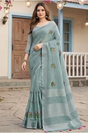 Sea green Linen Saree with Embroidered SR29942