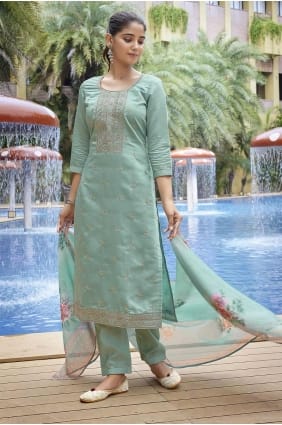 Sea green Straight Suit in Embroidered Chanderi SK155421