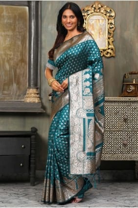 Weaving Banarasi silk Saree in Sea green with Blouse SR28870