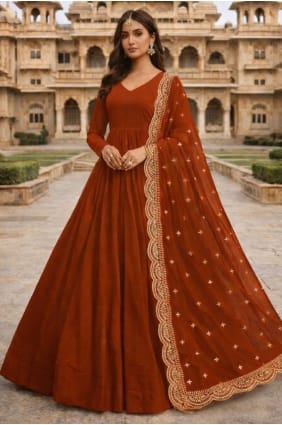 Sequins Georgette Gown Dress in Rust with Dupatta GW1227
