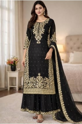 Black Silk Palazzo Suit with Sequins PZ4241