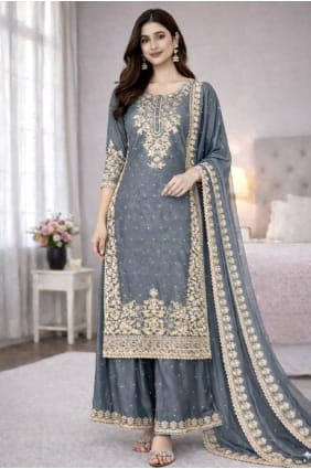 Grey Palazzo Suit with Sequins Silk PZ4355