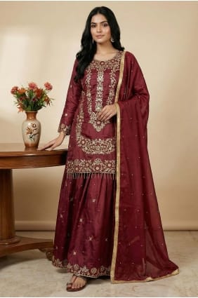 Maroon Sequins Palazzo Suit in Silk PZ4385