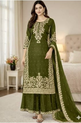 Sequins Silk Palazzo Suit in Mehendi green PZ4242