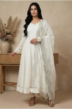 Silk Salwar Kameez in White with Sequins AS4210
