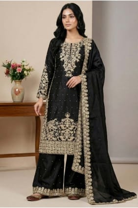 Palazzo Suit in Black Silk with Sequins PZ4339