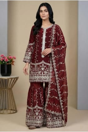 Sharara Suit in Maroon Silk with Sequins SS1333