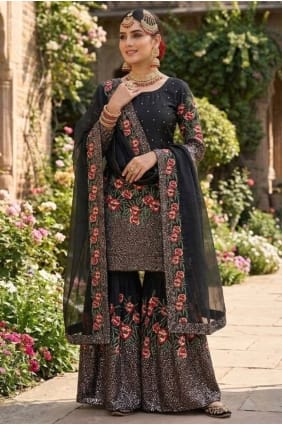 Silk Sequins Black Palazzo Suit with Dupatta PZ4432