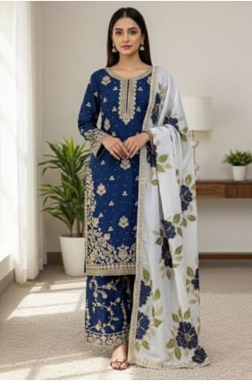 Blue Eid Palazzo Suit in Silk with Sequins PZ4304