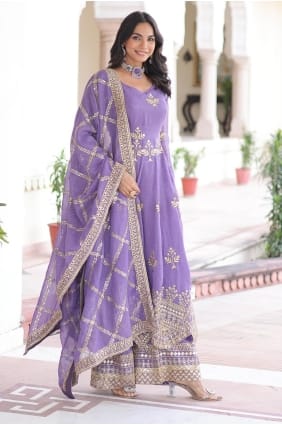 Lavender Palazzo Suit in Silk with Sequins PZ4240