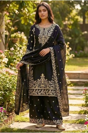 Eid Salwar Kameez in Black Silk with Sequins SK155990