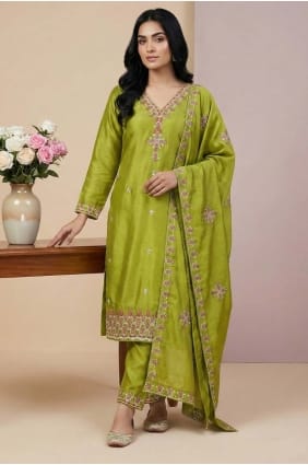 Salwar Kameez in Parrot green Silk with Sequins SK156071