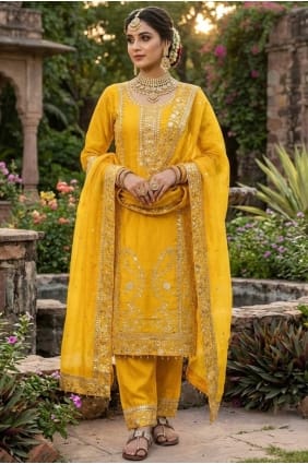 Silk Sequins Yellow Salwar Kameez with Dupatta SK156096