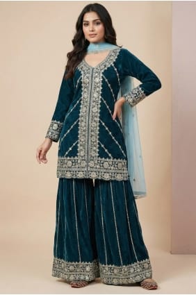 Velvet Teal Eid Palazzo Suit in Sequins PZ4282