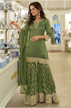 Sequins Viscose Sharara Suit in Green with Dupatta SS1321