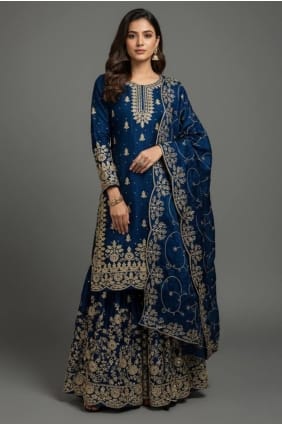 Blue Sharara Suit with Sequins Silk SS1318