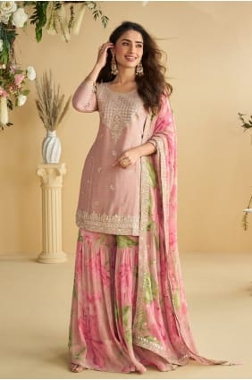 Chinon chiffon Sharara Suit in Pink with Embroidered SS1372