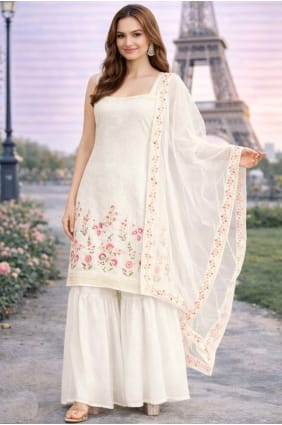 White Sharara Suit in Embroidered Georgette SS1313